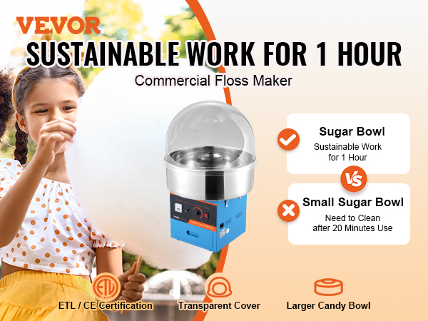 VEVOR candy floss machine, commercial floss maker with transparent cover and large candy bowls.