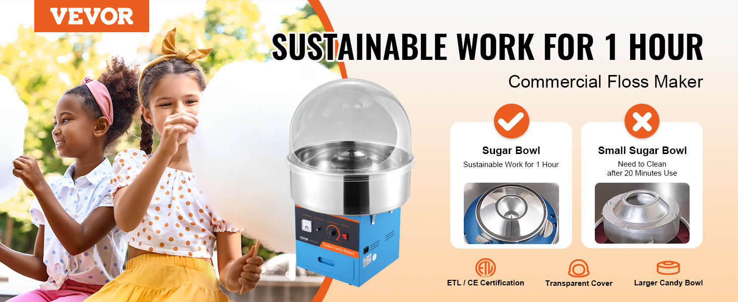 VEVOR candy floss machine, commercial floss maker with transparent cover and large candy bowls.