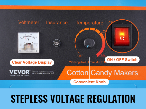 VEVOR candy floss machine control panel with voltmeter, temperature knob, and on/off switch.