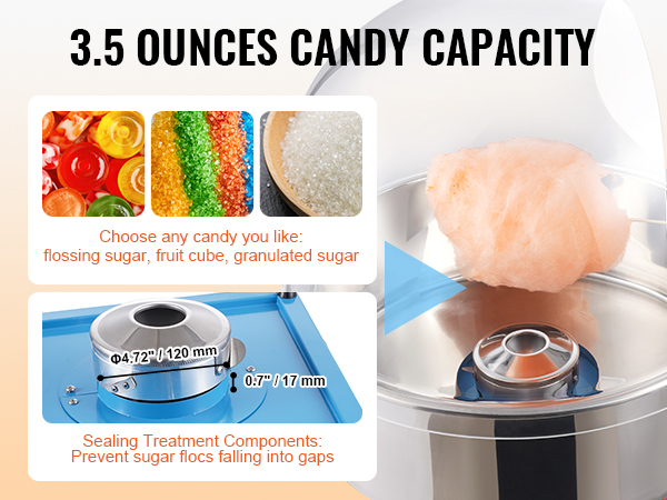 VEVOR candy floss machine with 3.5 ounces candy capacity, using various sugars and sealing treatment components.