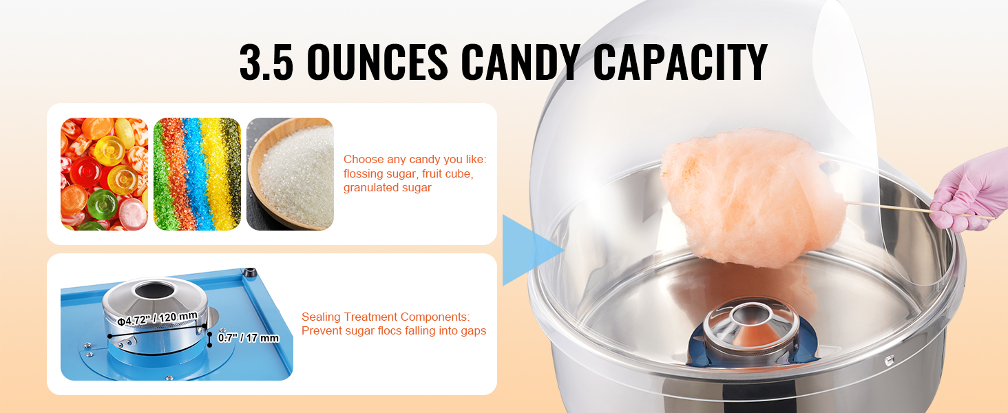 VEVOR candy floss machine with 3.5 ounces candy capacity, using various sugars and sealing treatment components.