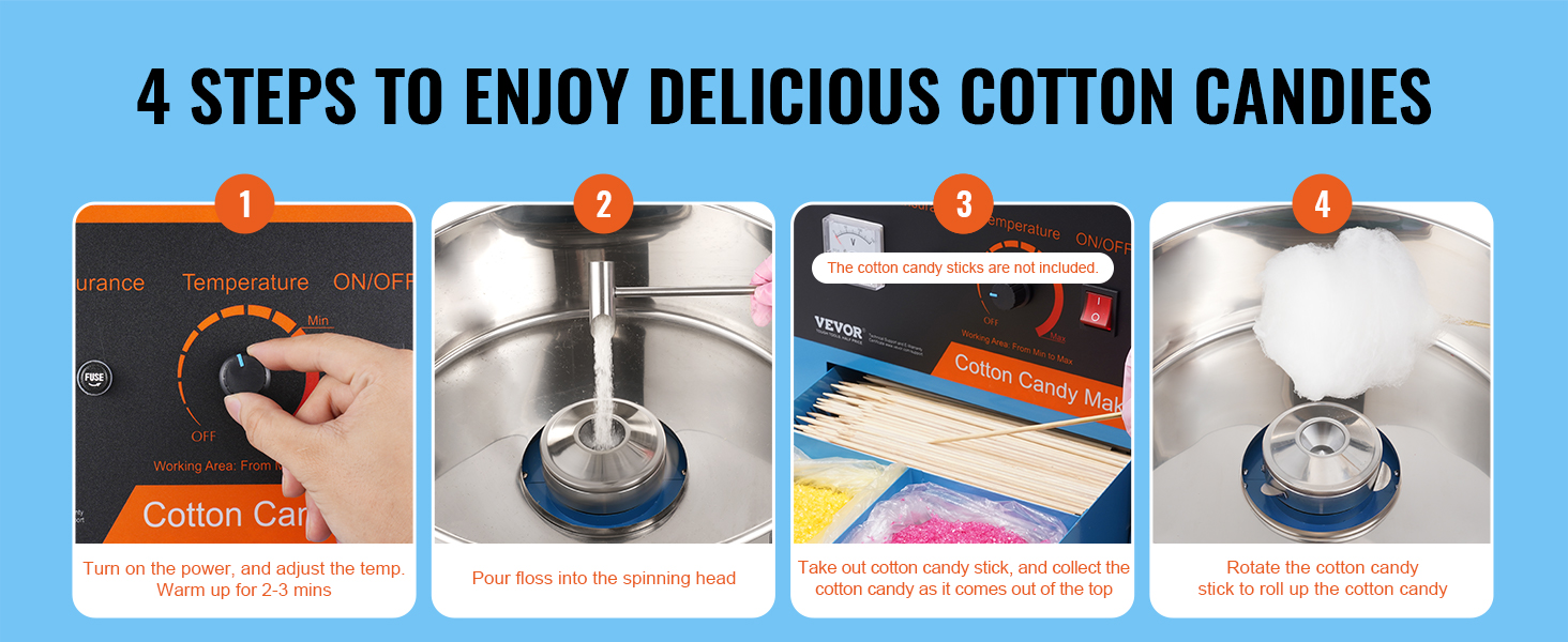 4 steps to make cotton candy using the VEVOR candy floss machine.