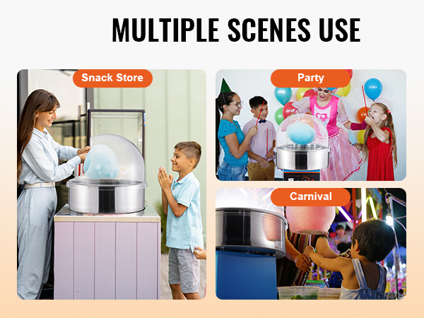 VEVOR candy floss machine in use at party, carnival, and snack store, creating colorful cotton candy.