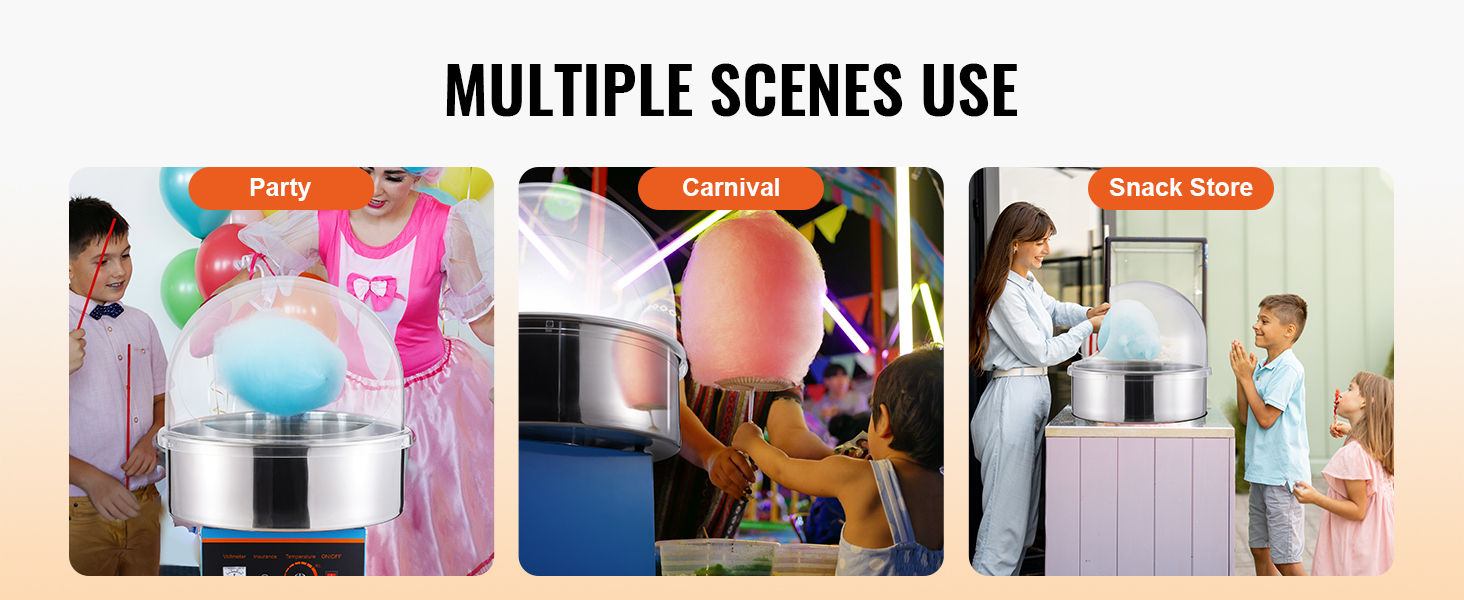 VEVOR candy floss machine in use at party, carnival, and snack store, creating colorful cotton candy.