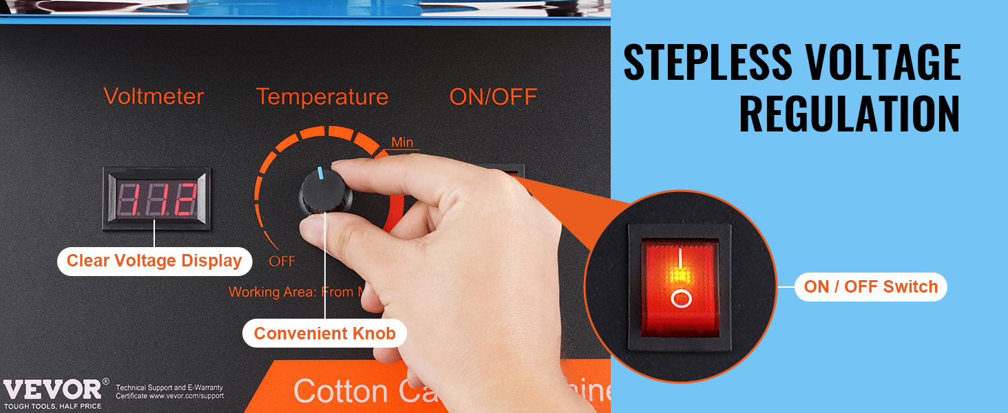 stepless voltage regulation on the VEVOR cotton candy machine with clear voltage display, knob, and switch.