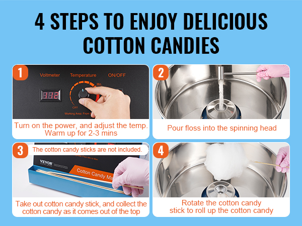 4 steps to use VEVOR cotton candy machine: power on, pour floss, collect candy, and roll up.