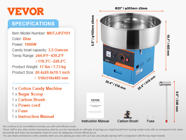 VEVOR cotton candy machine specifications: blue, 1000w, 3.5 oz bowl, 22 lbs, accessories included.