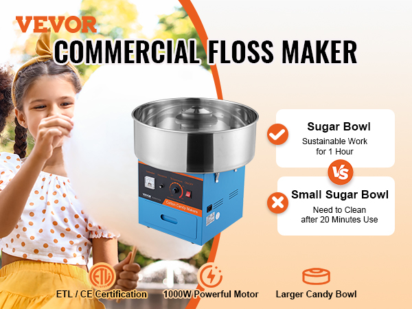 VEVOR cotton candy machine, commercial floss maker with kids eating cotton candy in the background.