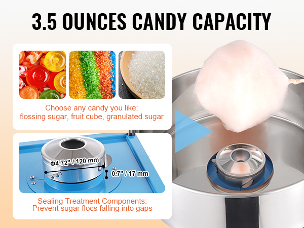 VEVOR cotton candy machine, 3.5 ounces capacity, various sugar options, sealing components.