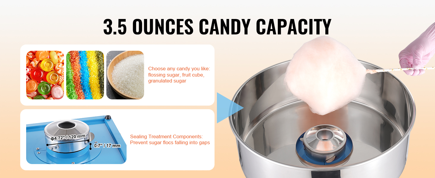 VEVOR cotton candy machine, 3.5 ounces capacity, various sugar options, sealing components.