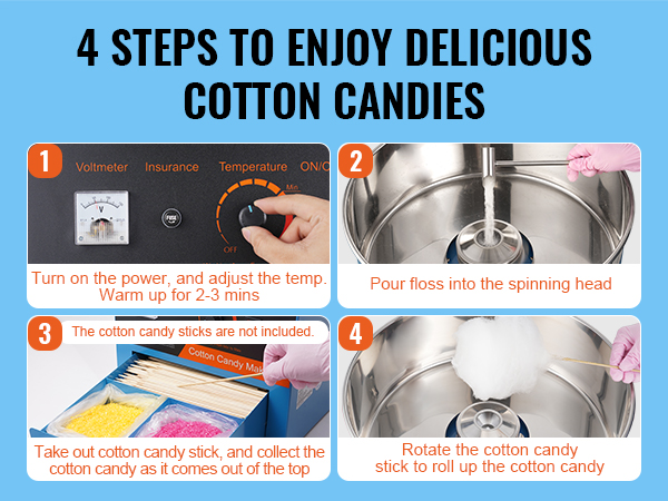 4 steps to make cotton candy with the VEVOR cotton candy machine: warm-up, pour floss, collect, and roll.