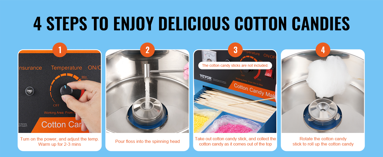 4 steps to make cotton candy with the VEVOR cotton candy machine: warm-up, pour floss, collect, and roll.