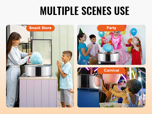 VEVOR cotton candy machine used at party, carnival, and snack store events for making cotton candy.