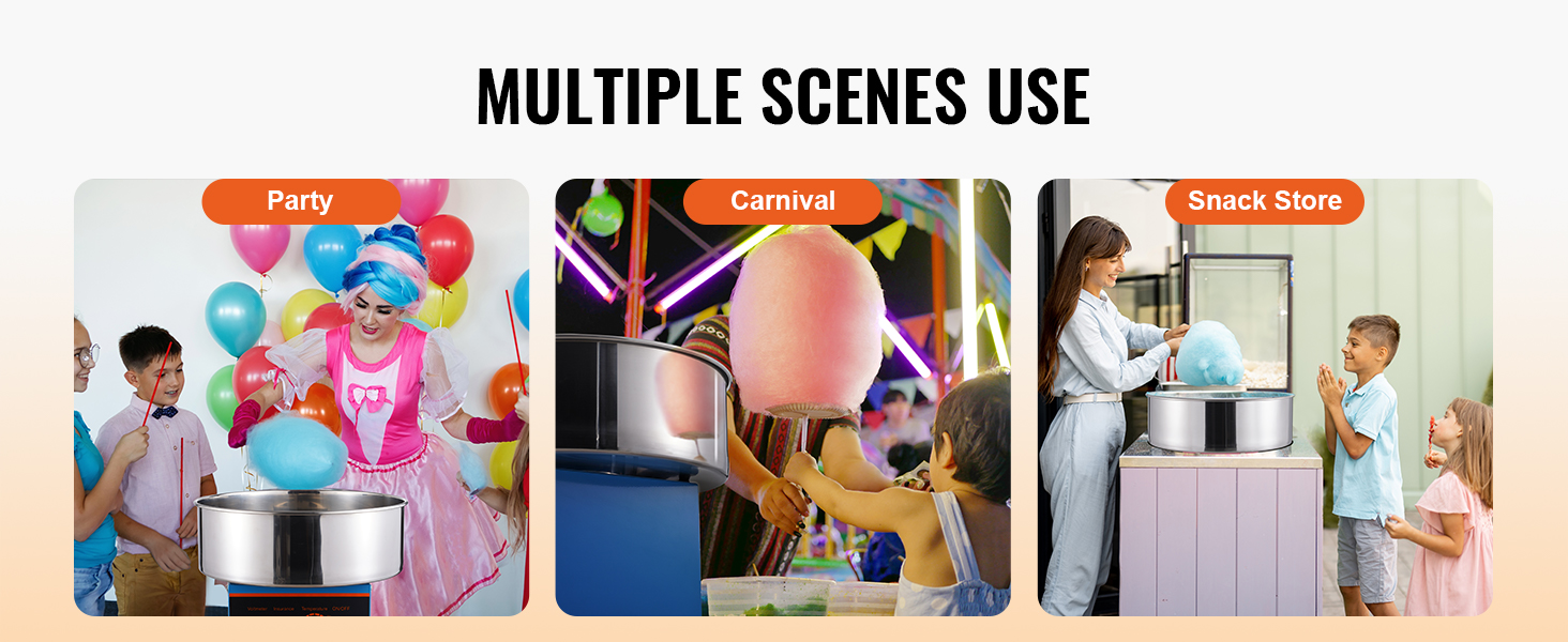 VEVOR cotton candy machine used at party, carnival, and snack store events for making cotton candy.