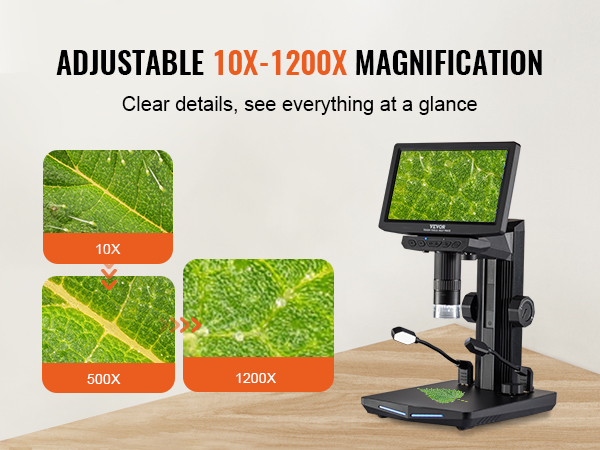 adjustable VEVOR digital microscope, 10x-1200x magnification for plant research, coin observation, jewelry identification