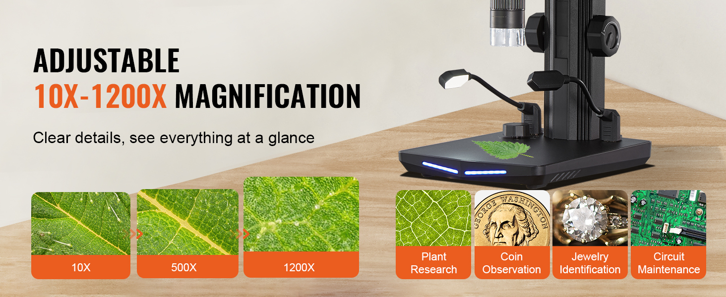 adjustable VEVOR digital microscope, 10x-1200x magnification for plant research, coin observation, jewelry identification