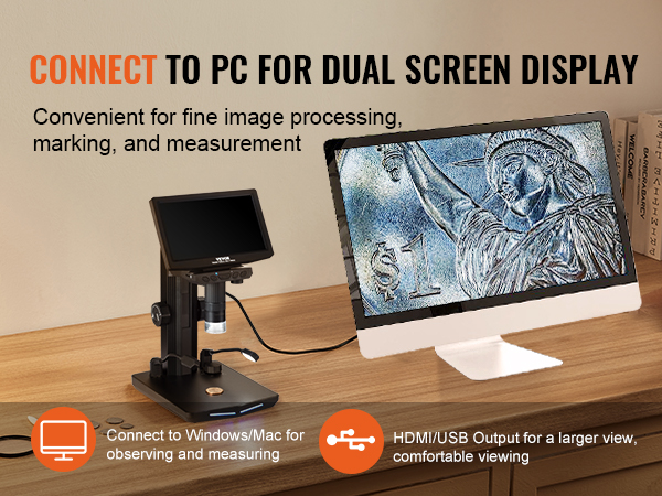 VEVOR digital microscope connected to pc for dual screen display, showing enhanced fine details of a $1 bill.