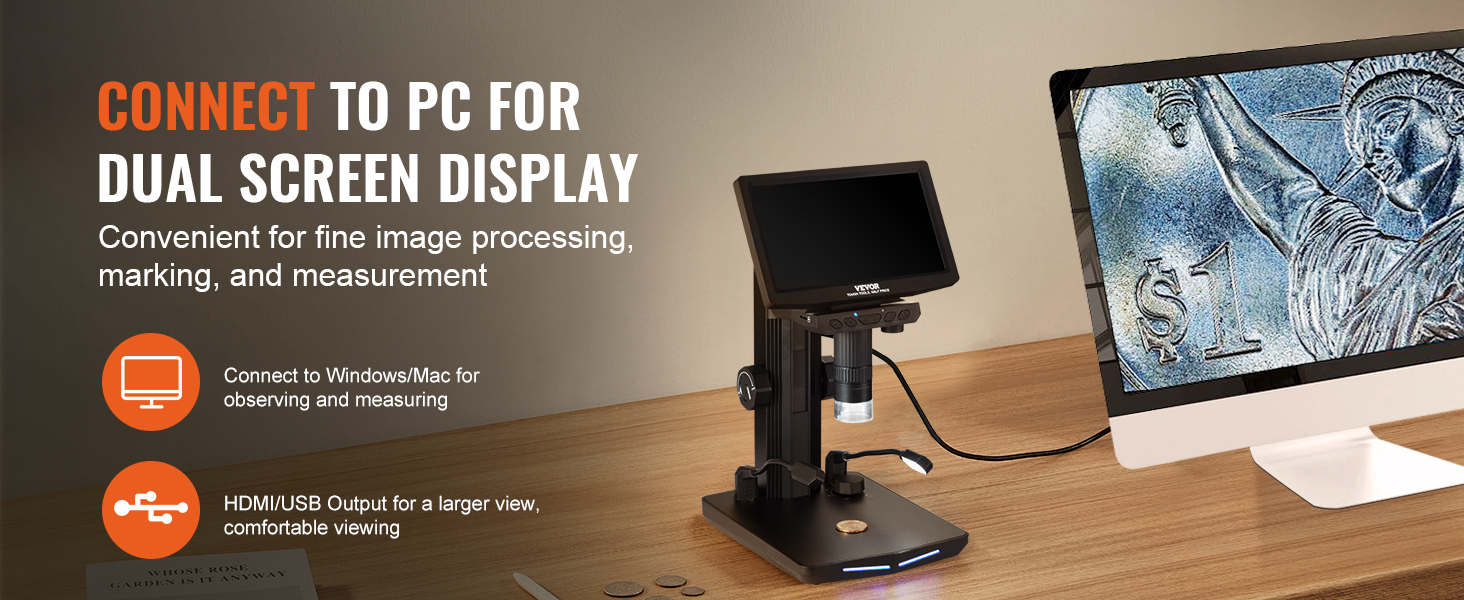 VEVOR digital microscope connected to pc for dual screen display, showing enhanced fine details of a $1 bill.
