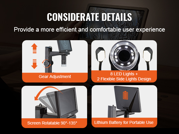 VEVOR digital microscope with gear adjustment, 8 led lights, rotatable screen, and portable lithium battery.