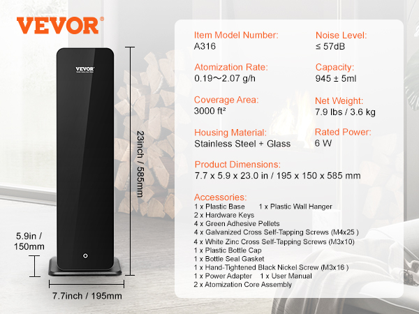 VEVOR scent air machine with a 3000 ft² coverage, 0.19-2.07 g/h atomization rate, and 7.9 lbs weight.
