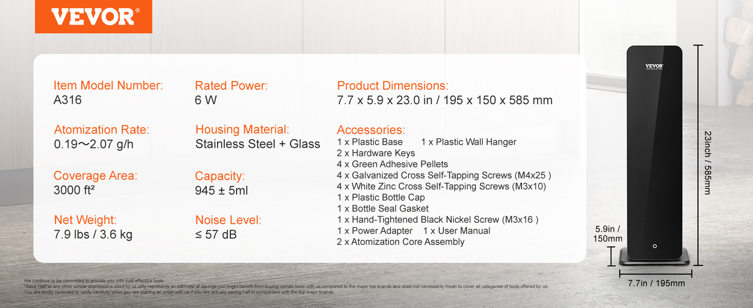 VEVOR scent air machine with a 3000 ft² coverage, 0.19-2.07 g/h atomization rate, and 7.9 lbs weight.