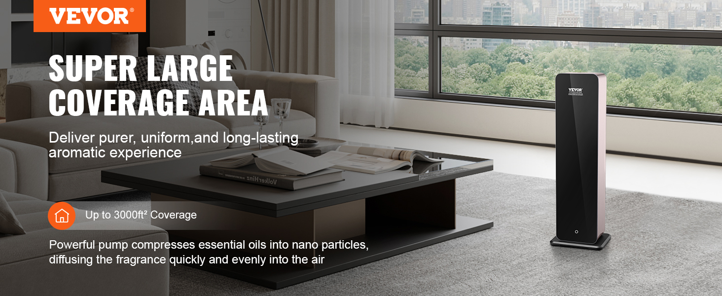 VEVOR scent air machine with super large coverage area, up to 3000 sq ft, for uniform aroma diffusion.