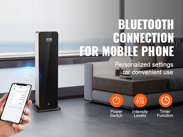 VEVOR scent air machine with bluetooth connection, showcased in a modern living room setting.