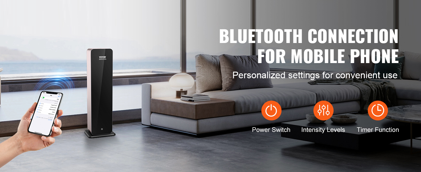 VEVOR scent air machine with bluetooth connection, showcased in a modern living room setting.