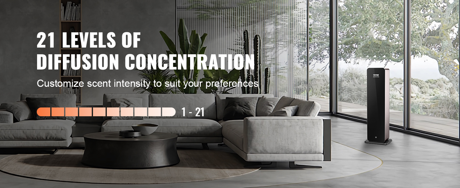 modern living room with large windows, gray sofas, plants, and a VEVOR scent air machine showcasing 21 levels.