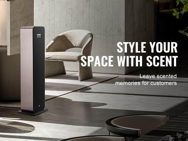 VEVOR scent air machine in modern room with minimalist furniture and greenery, enhancing atmosphere.