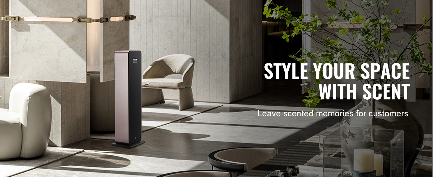 VEVOR scent air machine in modern room with minimalist furniture and greenery, enhancing atmosphere.
