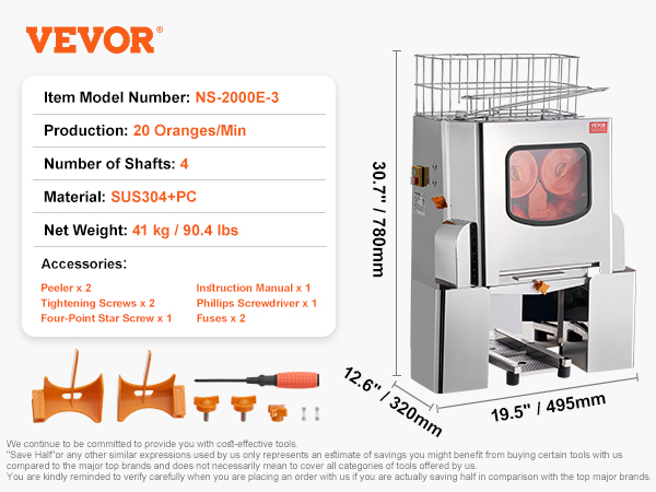 VEVOR orange juicer machine ns-2000e-3, processes 20 oranges/min, sus304+pc, 41 kg with accessories.