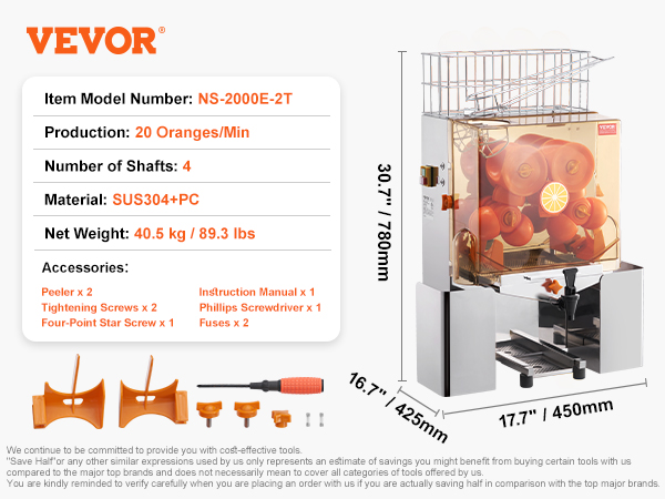 VEVOR orange juicer machine, sus304+pc, 20 oranges/min, 4 shafts, accessory kit included.