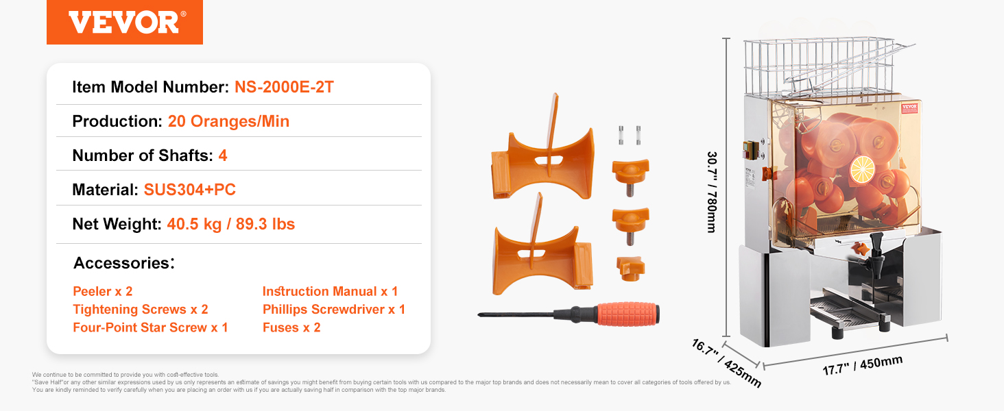 VEVOR orange juicer machine, sus304+pc, 20 oranges/min, 4 shafts, accessory kit included.