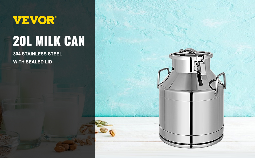 VEVOR stainless steel milk can with sealed lid, 20l capacity, 304 stainless steel.