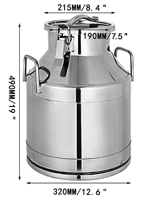VEVOR stainless steel milk can with dimensions and handles; robust and polished design.