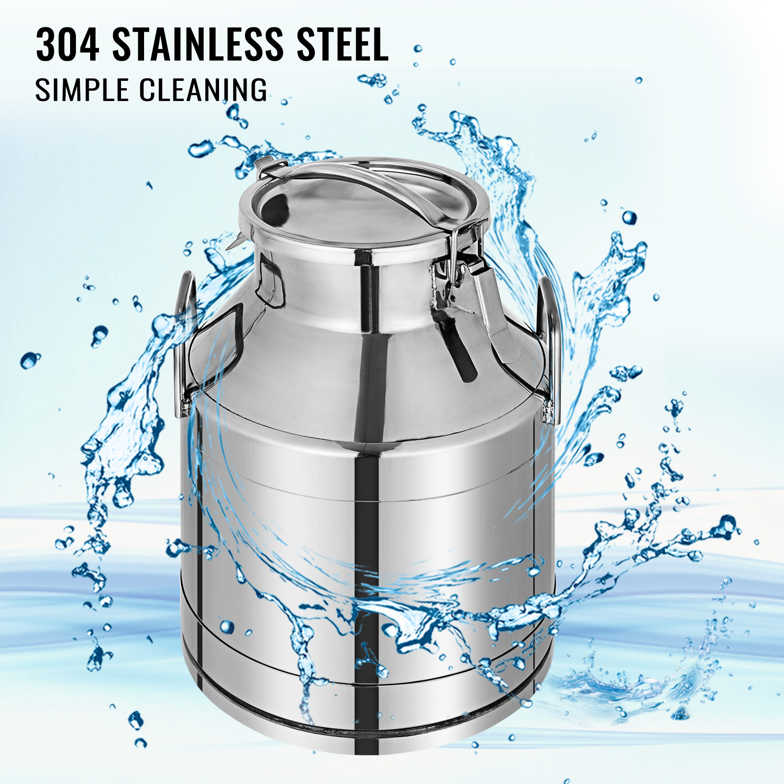 VEVOR stainless steel milk can with water splashes highlighting easy cleaning.