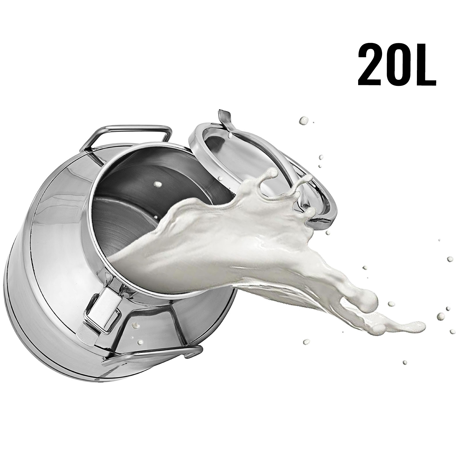 VEVOR stainless steel milk can with lid open, pouring out liquid, capacity 20l.