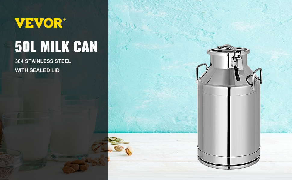 VEVOR stainless steel milk can 50l with sealed lid against a blue background.