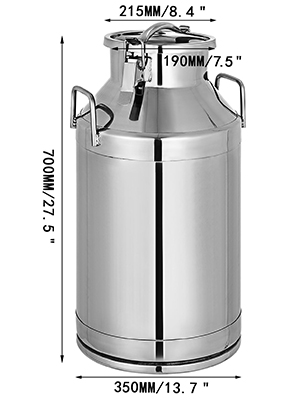 VEVOR stainless steel milk can with dimensions and polished finish.