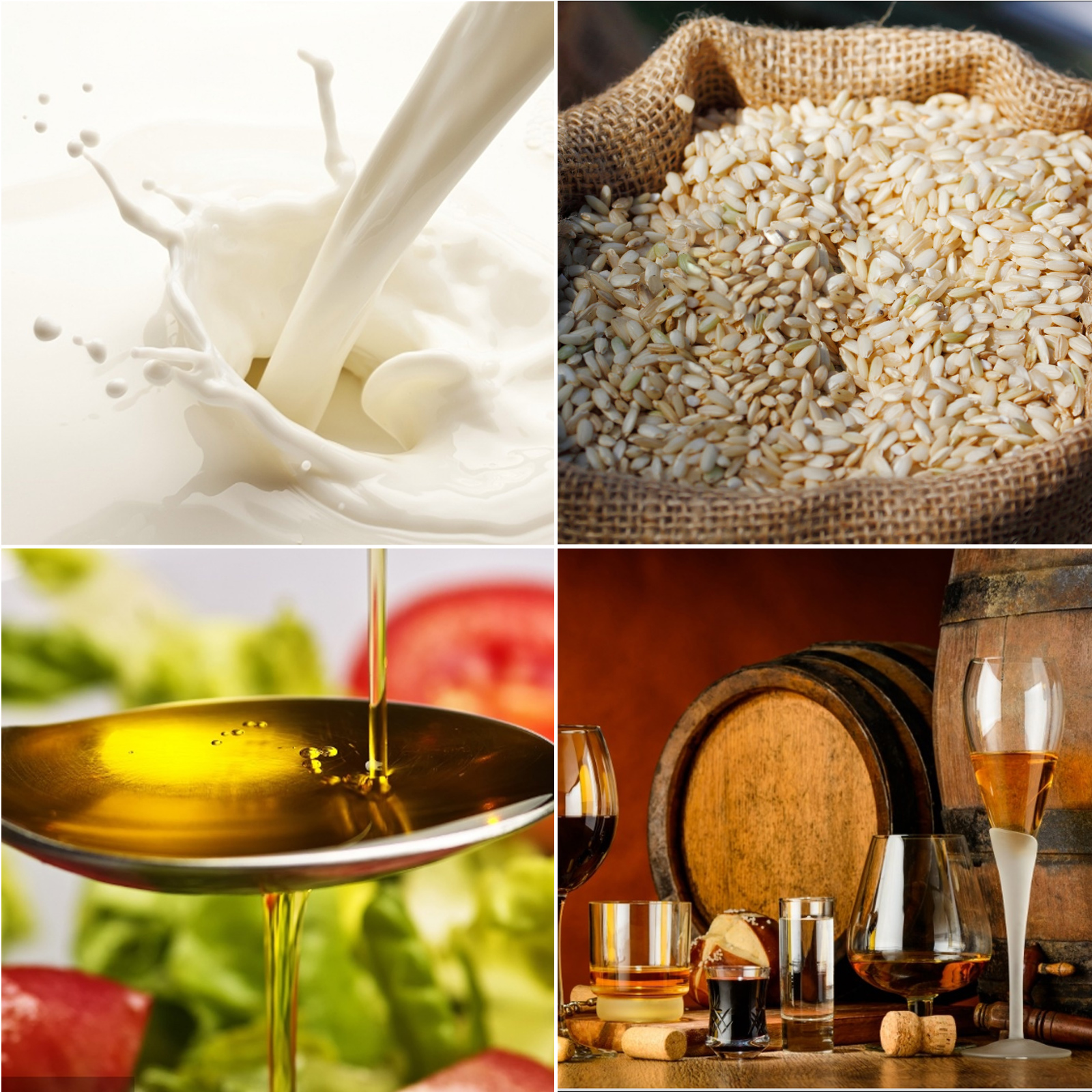 milk pouring, grains, oil dripping on salad, and glasses near barrels. VEVOR stainless steel milk can.