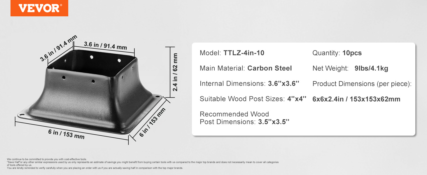 VEVOR post base 4x4, carbon steel, model ttlz-4in-10, internal dimensions 3.6"x3.6", quantity 10.