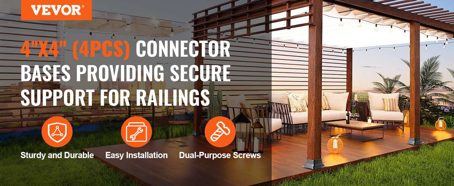 VEVOR 4x4 post base, sturdy and durable, easy installation, dual-purpose screws, outdoor patio setup.