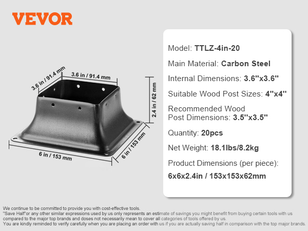 VEVOR 4x4 post base, ttlz-4in-20 model, carbon steel, dimensions 6x6x2.4in, suitable for 4x4 wood posts.