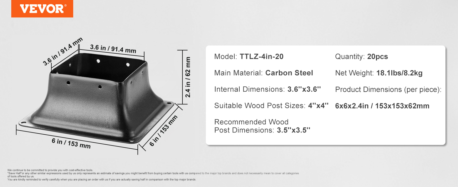 VEVOR 4x4 post base, ttlz-4in-20 model, carbon steel, dimensions 6x6x2.4in, suitable for 4x4 wood posts.