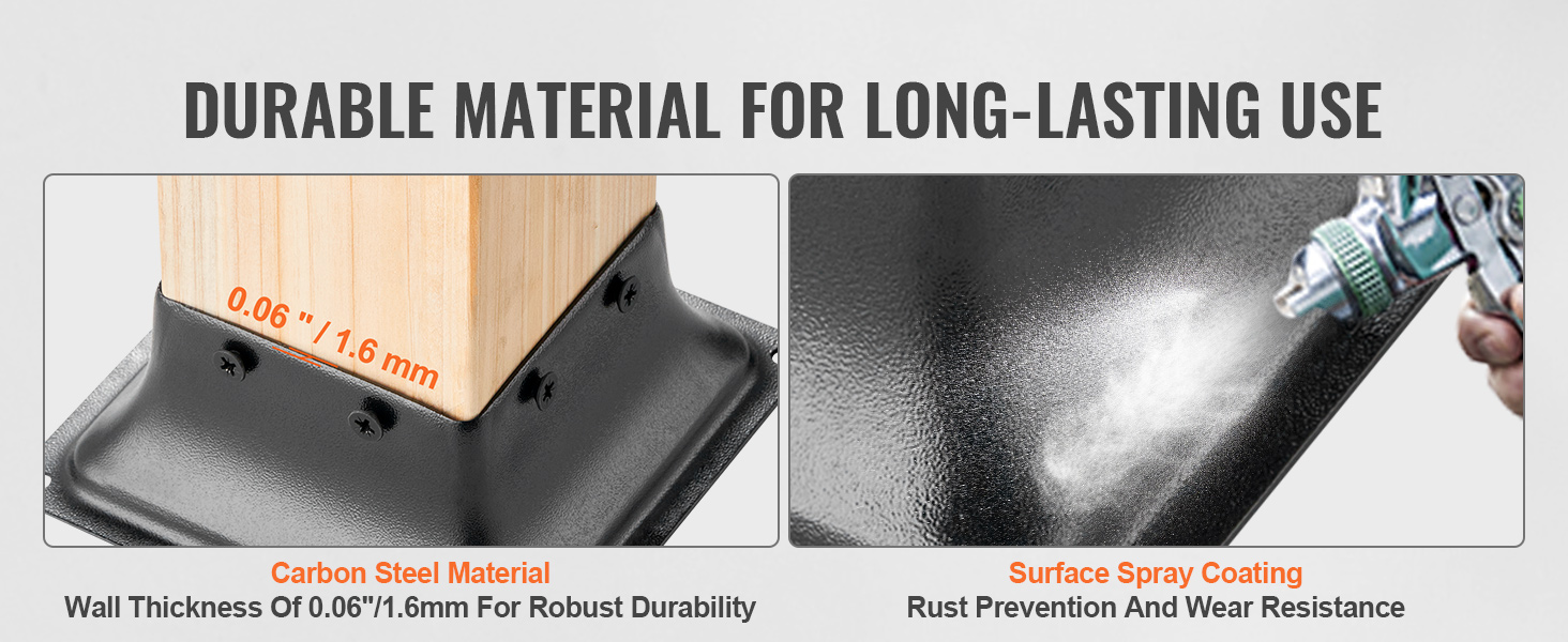 durable VEVOR 4x4 post base with carbon steel material and surface spray coating for rust prevention.