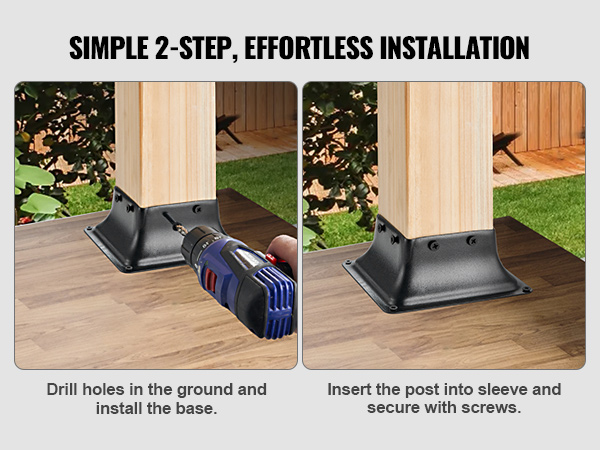 VEVOR 4x4 post base installation with drill and screws for a secure and stable post foundation.