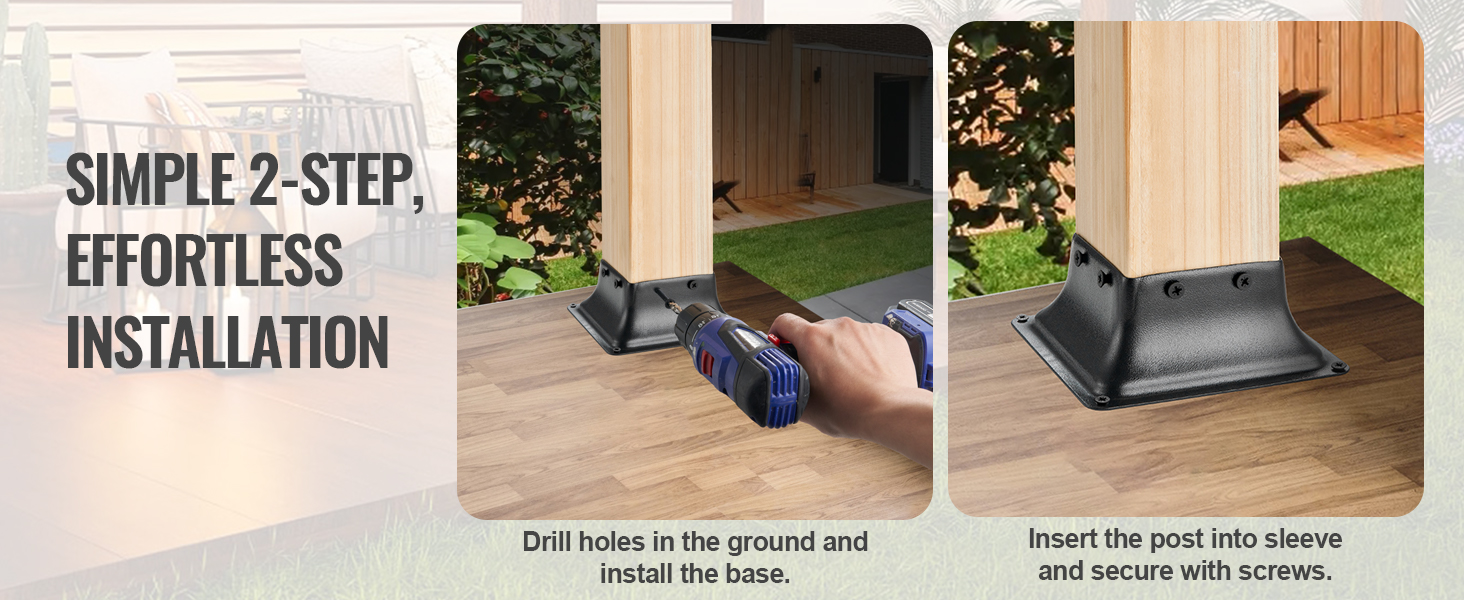 VEVOR 4x4 post base installation with drill and screws for a secure and stable post foundation.