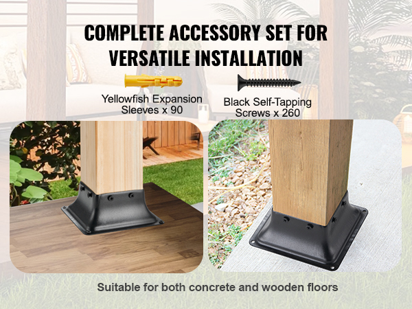 complete accessory set for VEVOR 4x4 post base with yellowfish expansion sleeves and black screws.
