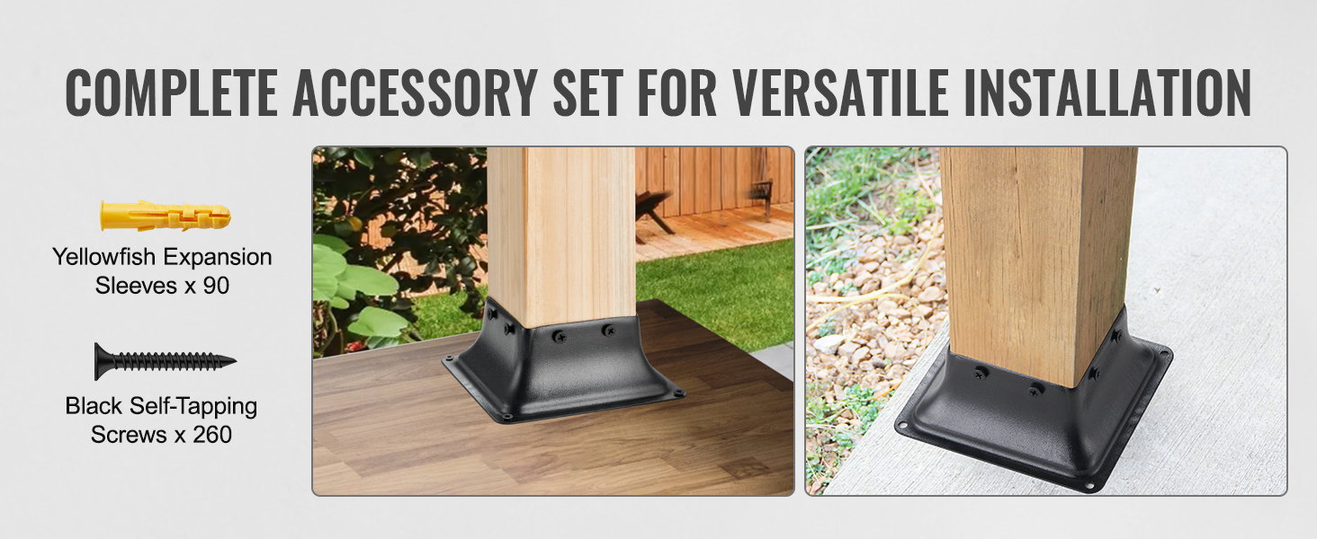 complete accessory set for VEVOR 4x4 post base with yellowfish expansion sleeves and black screws.